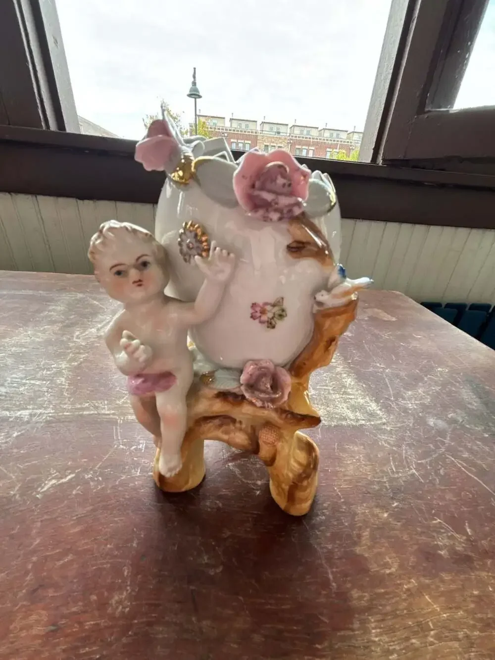 Vintage Ucagco Cherub Gold Trim Bird Flowers Angel Egg Vase Planter